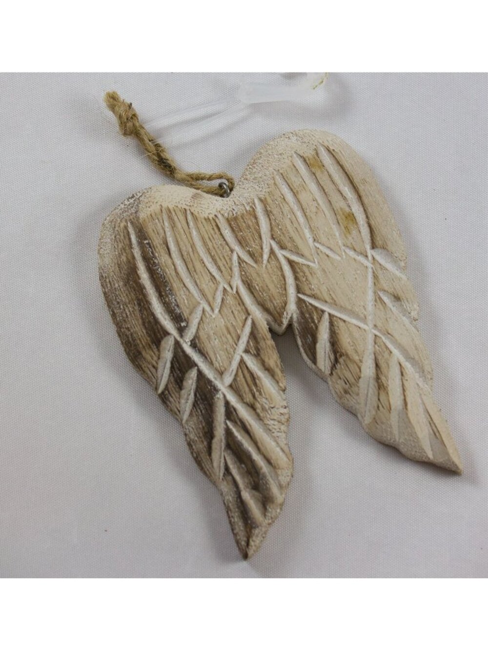 Rustic Whitewashed Carved Wood Angel Wings Ornament Shabby Chic Jute Hanger